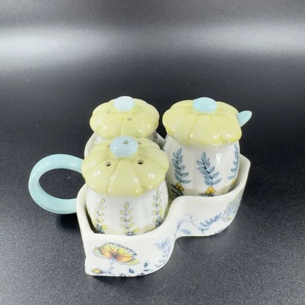 Anthropologie Ceramic Salt And‎ Pepper Covered Mustard Pot and Spoon on Tray VTG